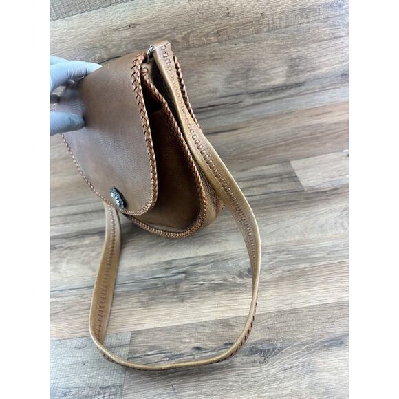 Vintage LEATHER PURSE Latch Saddlebag Braided Shoulder Strap Boho - Picture 2 of 10